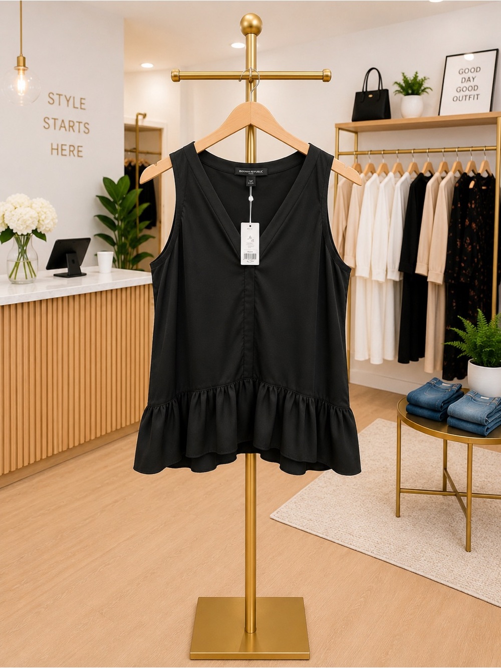 Banana Republic Black V-Neck Ruffle-Hem Sleeveless Top
